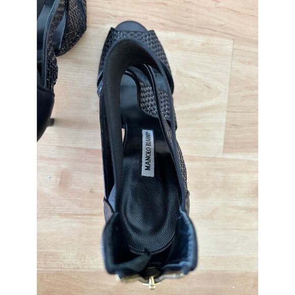 MANOLO BLAHNIK Black Patent Leather Woven Terreo High Heel Sandals $995 EU 39 - Picture 10 of 12